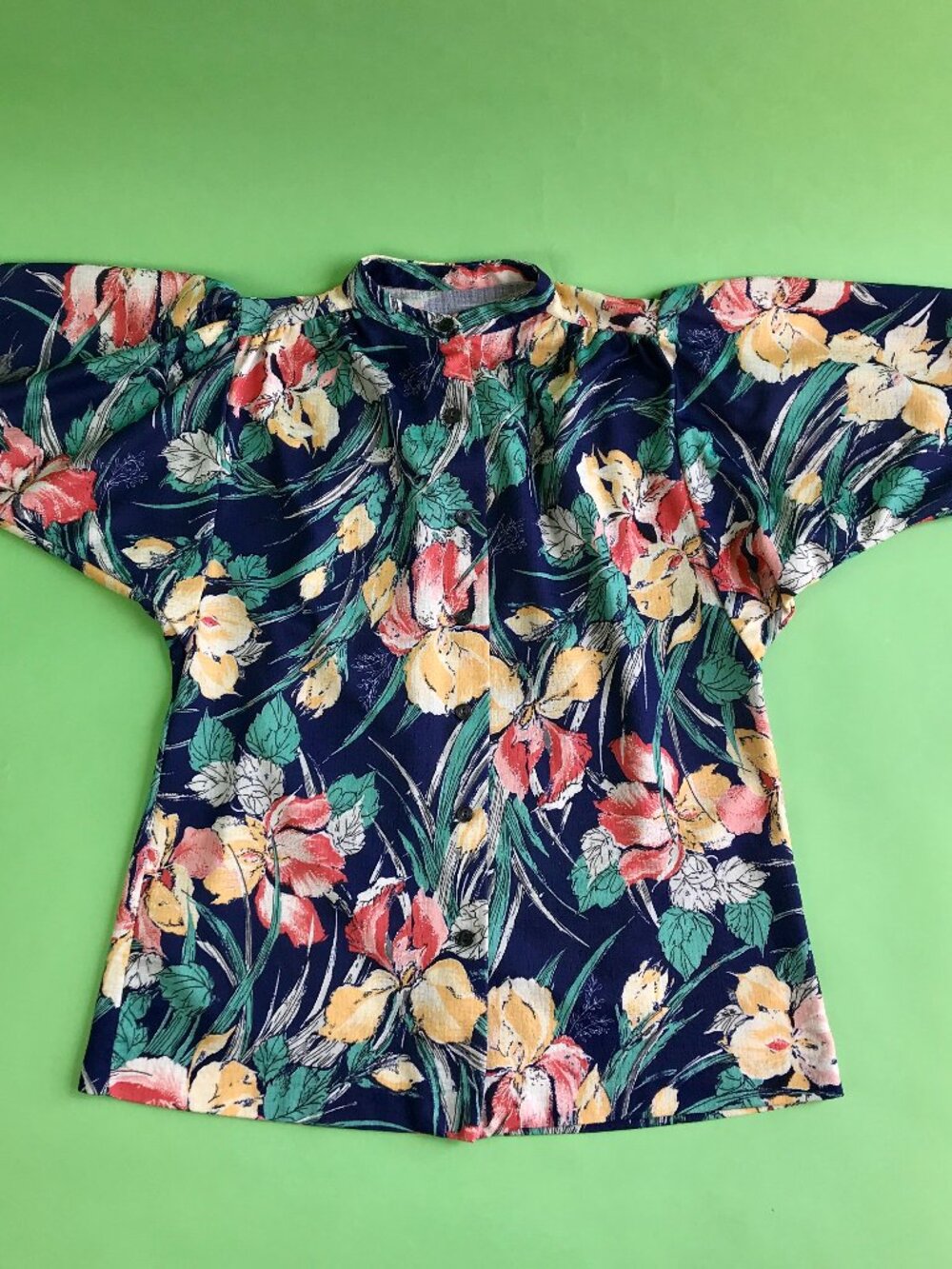 Vintage Tropical Blue Hawaiian Hibscus Floral Summer Blouse Size Large